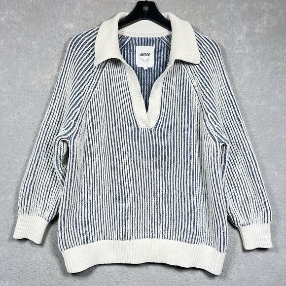 Aerie Sugar Rush Chenille Knit V Neck Collar Pullover Sweater Blue White Medium - Picture 1 of 8